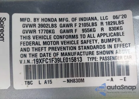 2020 Honda Civic Ex из США, поврежденный, VIN 19XFC1F39LE015813